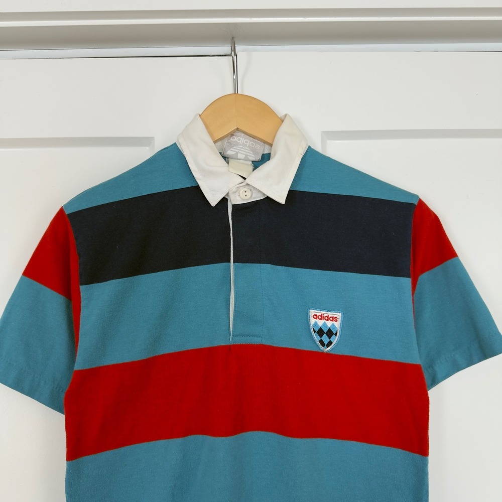 Mens Single Stitch Adidas Vintage Shield Rugby Polo Shirt Blue And Red Striped
